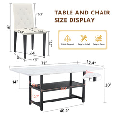 Table and chair set.71*35.4 inch White Grain Spliced Dining Table With Storage Function In The Middle Of The Table Legs.Paired with 8 white PU dining chairs with ergonomic buckle backrest.