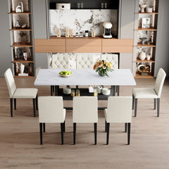 Table and chair set.71*35.4 inch White Grain Spliced Dining Table With Storage Function In The Middle Of The Table Legs.Paired with 8 white PU dining chairs with ergonomic buckle backrest.