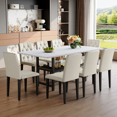 Table and chair set.71*35.4 inch White Grain Spliced Dining Table With Storage Function In The Middle Of The Table Legs.Paired with 8 white PU dining chairs with ergonomic buckle backrest.
