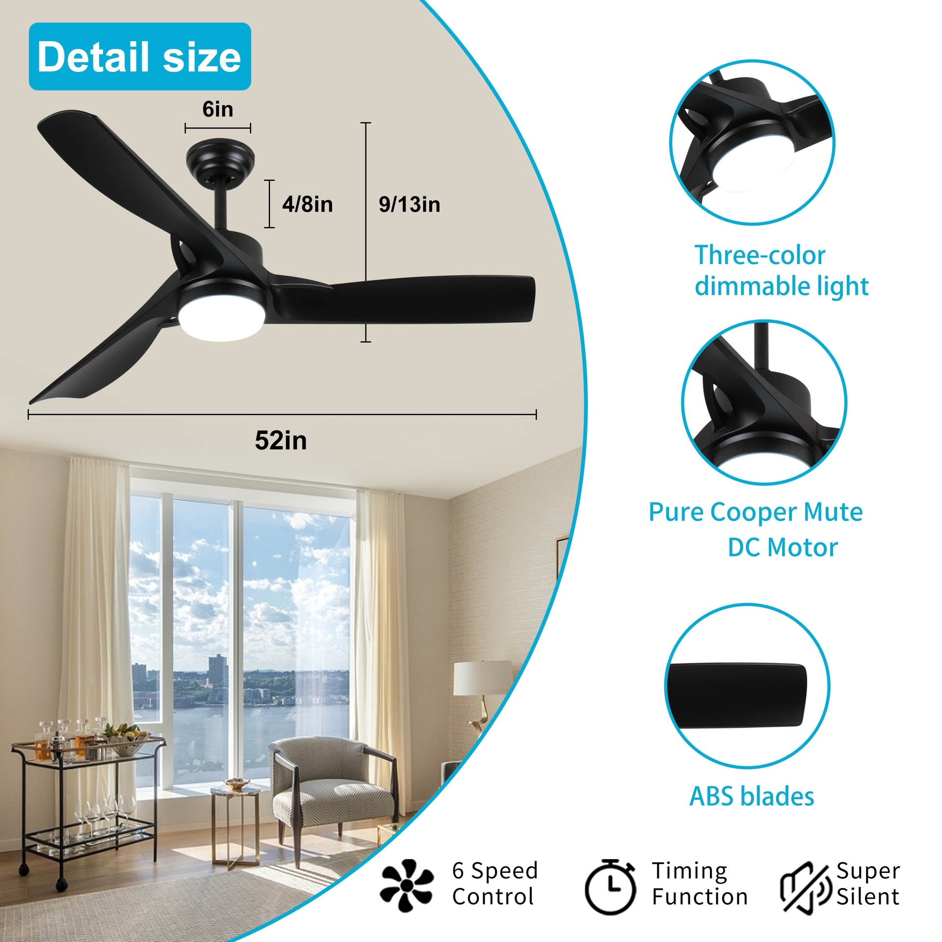 52 Inch black Ceiling Fan with light,  Ceiling Fan with 3 Reversible Blades, 2 Downrods, 6-Speed Remote Control