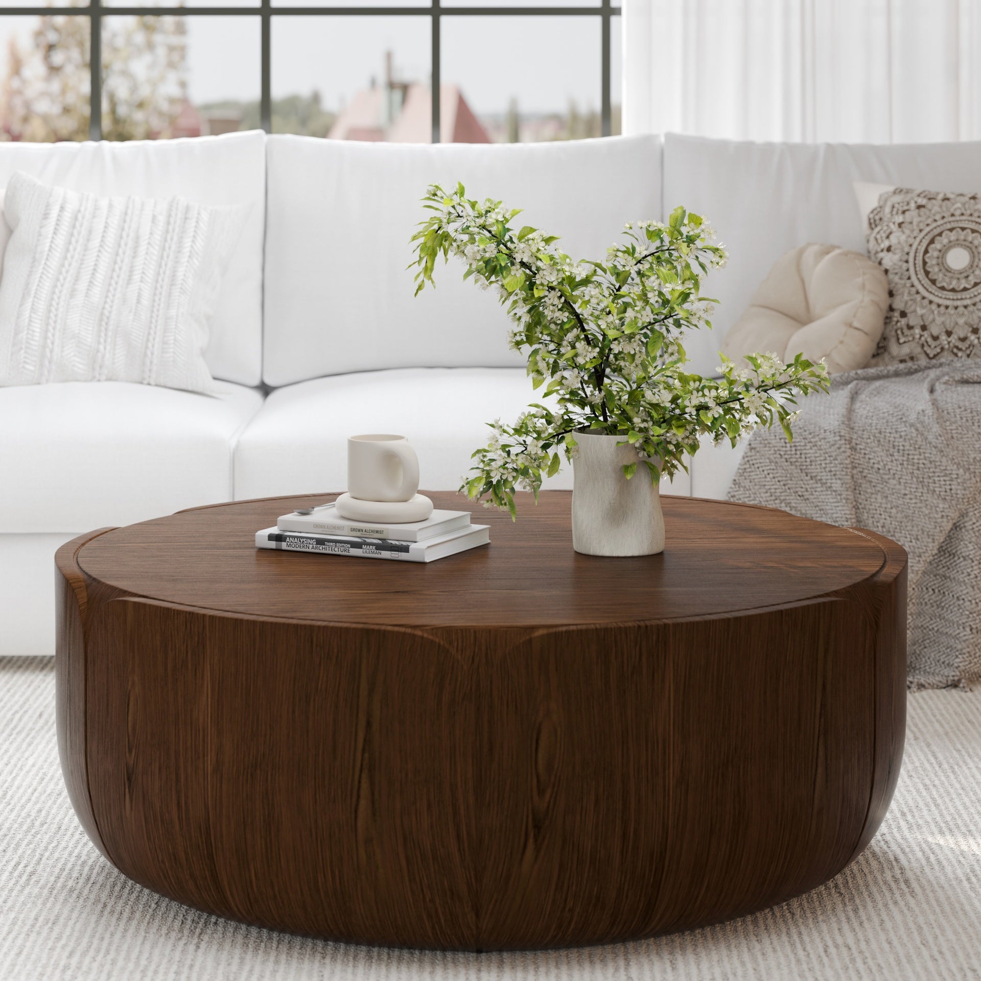 35.63" Round Outdoor Indoor Coffee Table, Modern Wood Grain Drum Center Table, Sturdy MGO (Magnesium Oxide) Waterproof, No-Assembly Table for Patio, Garden, Backyard, Living Room (Brown)