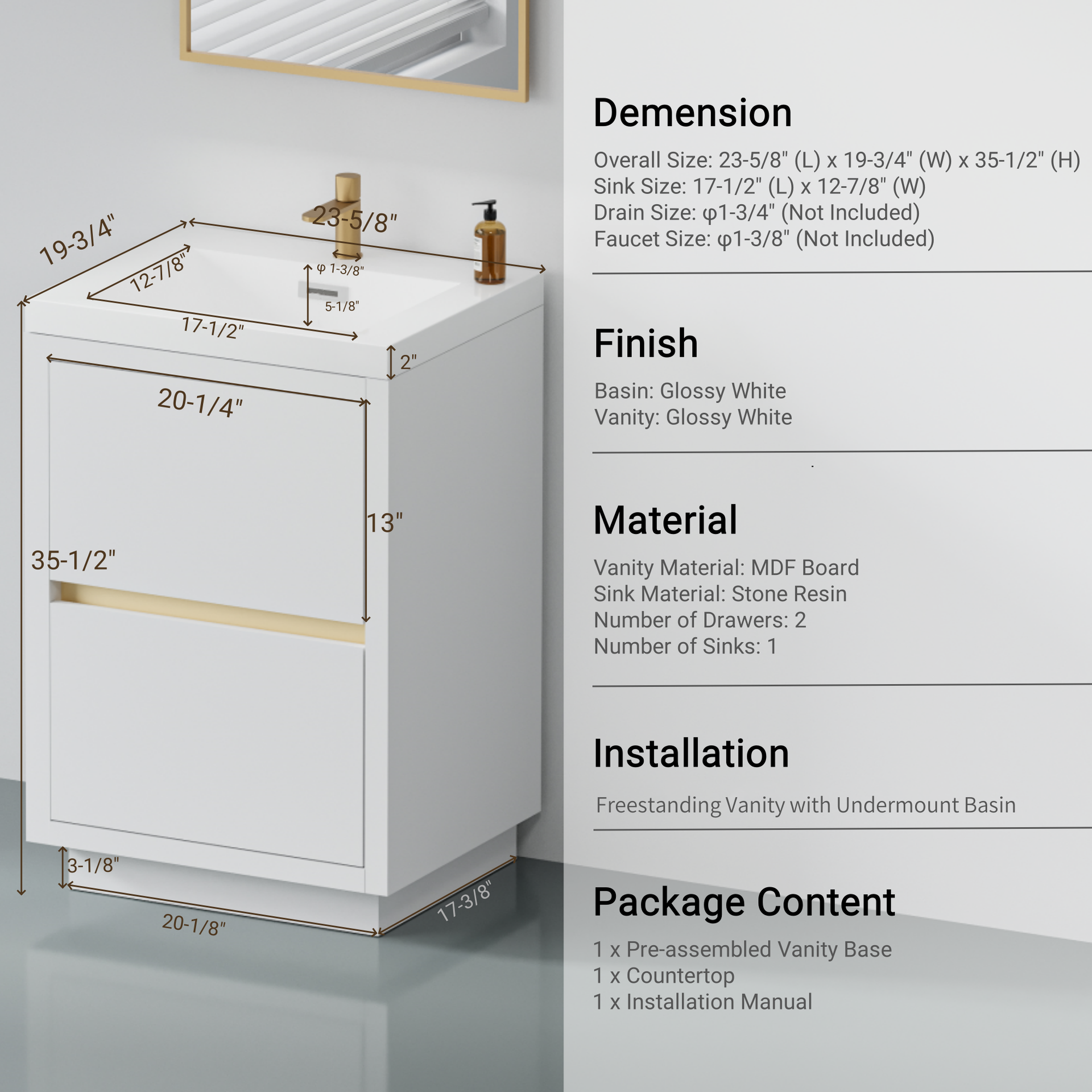 24" Freestanding Bathroom Vanity with Sink, Bathroom Storage Vanity Cabinet with Stone Resin Countertop and Soft Close Drawers Fully Assembled, Glossy White 24V14-24GW-W1920P385539