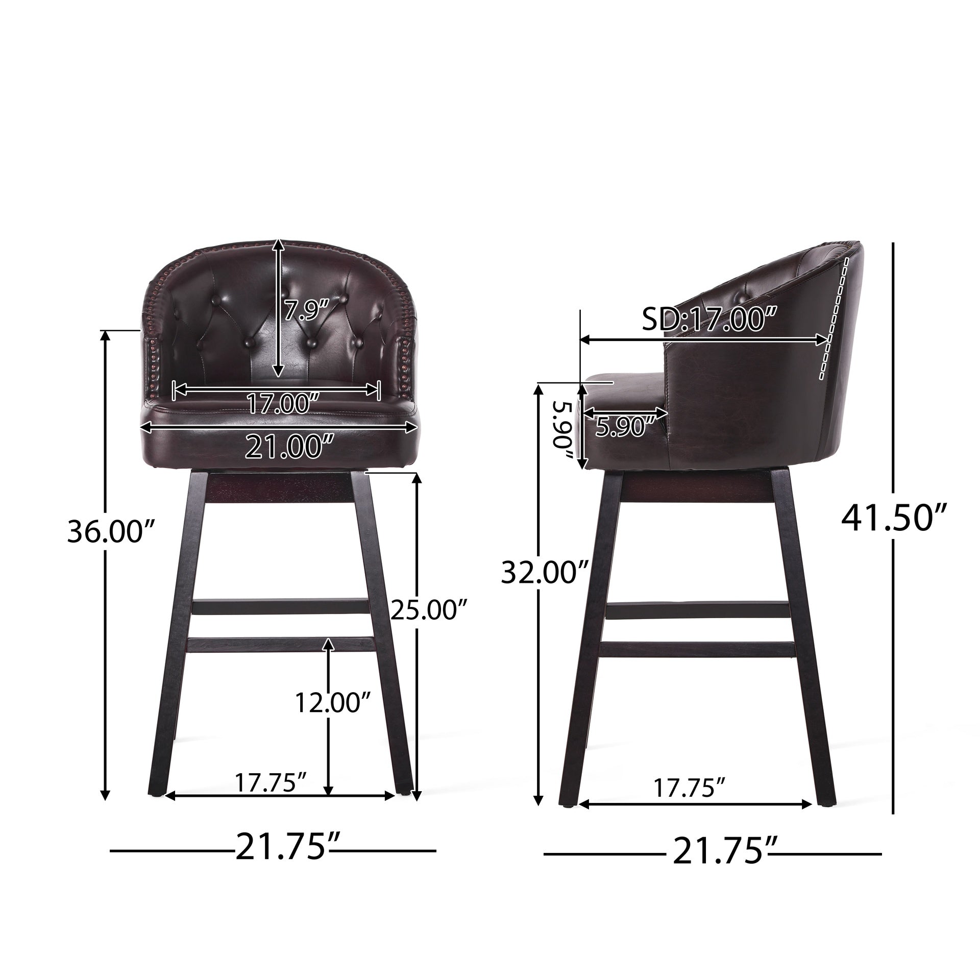 360 Degree Swivel Bar Stool with Stunning Nailhead Trim, Set of 2, Brown