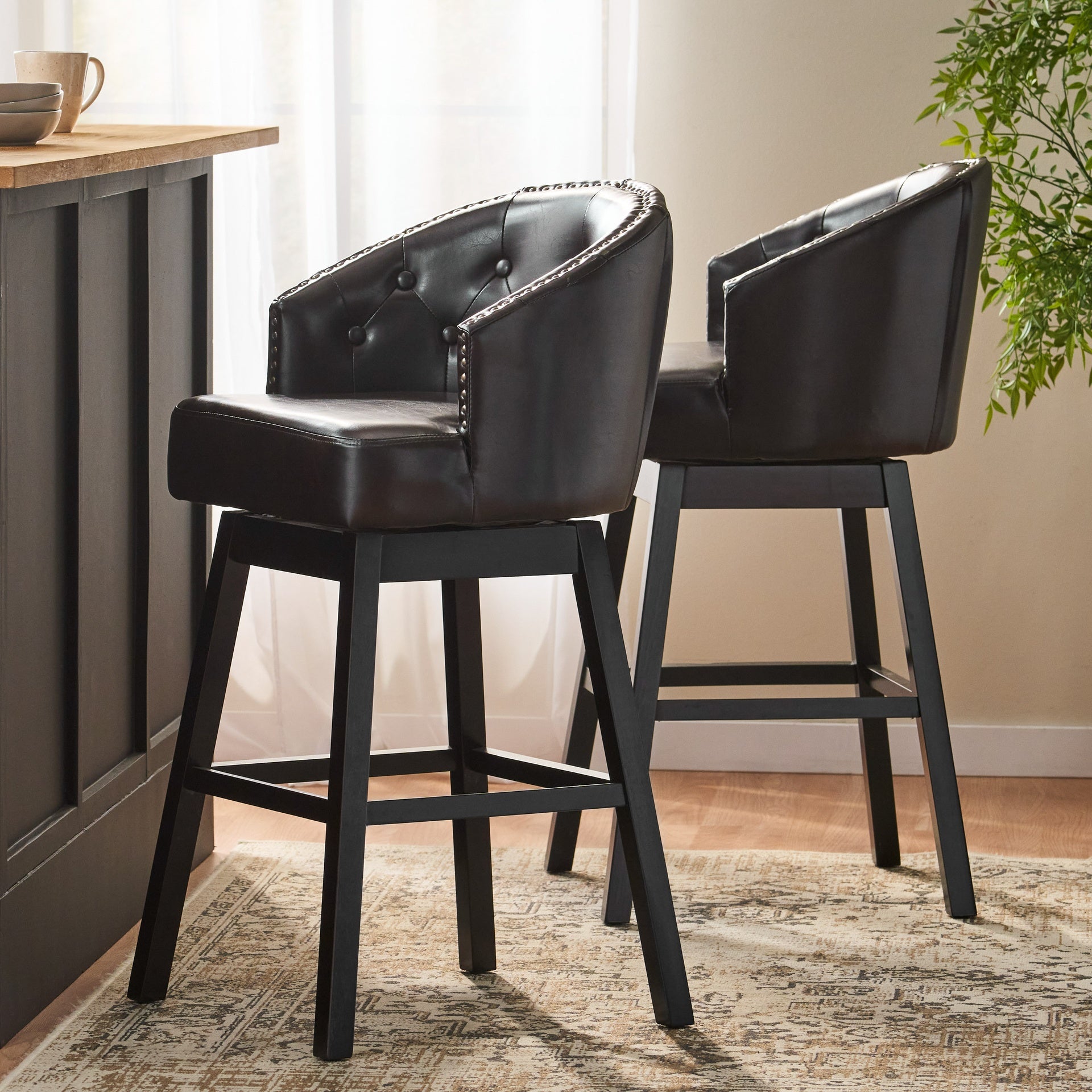 360 Degree Swivel Bar Stool with Stunning Nailhead Trim, Set of 2, Brown
