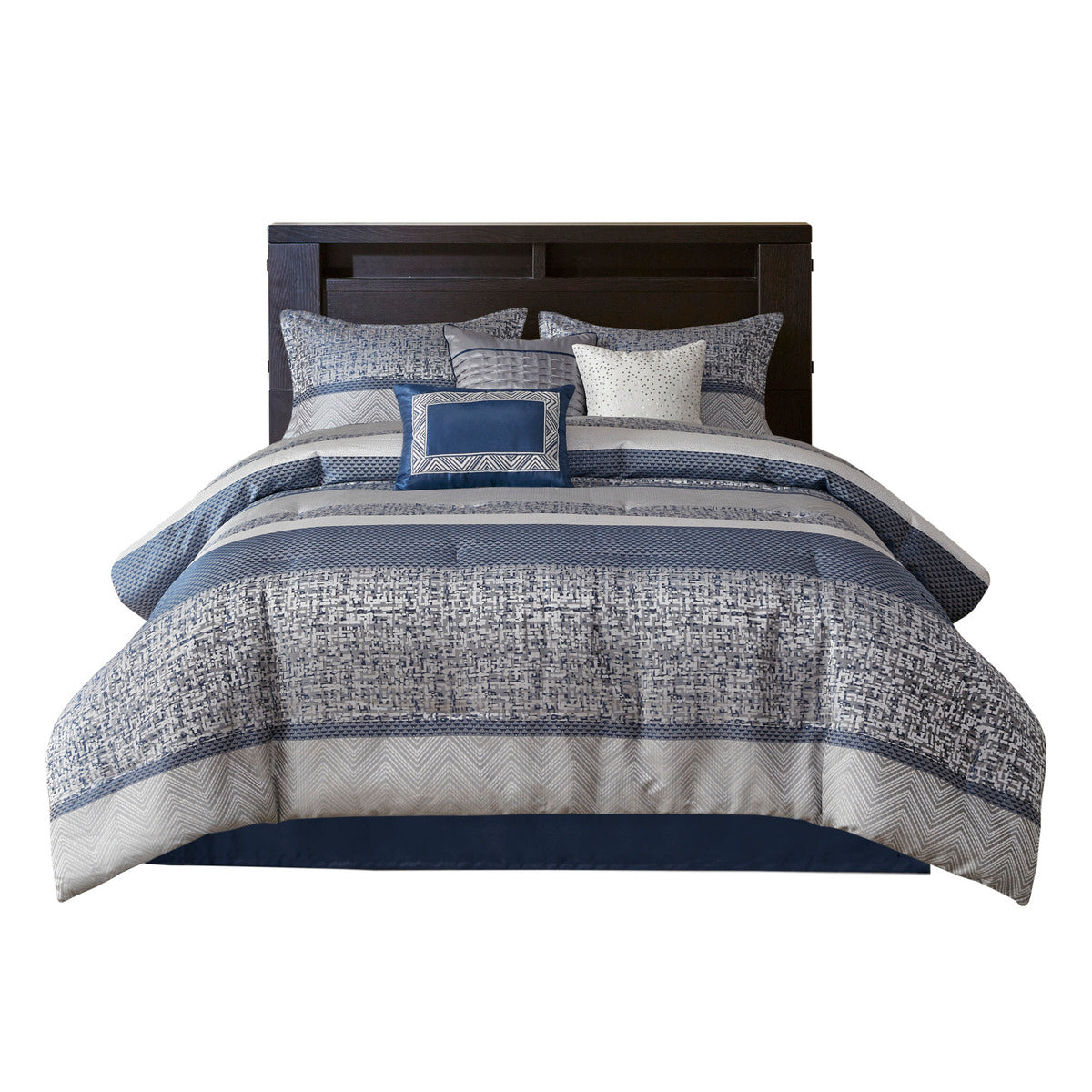 7 Piece Jacquard Comforter Set Navy Queen