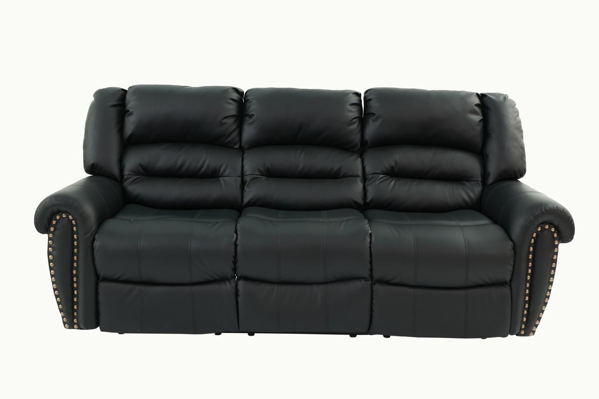 Plush Relax 1pc Manual Motion Sofa Only Black Color Bonded Leather 3-Seat Couch Armrest Cushion Seating Living Room Furniture