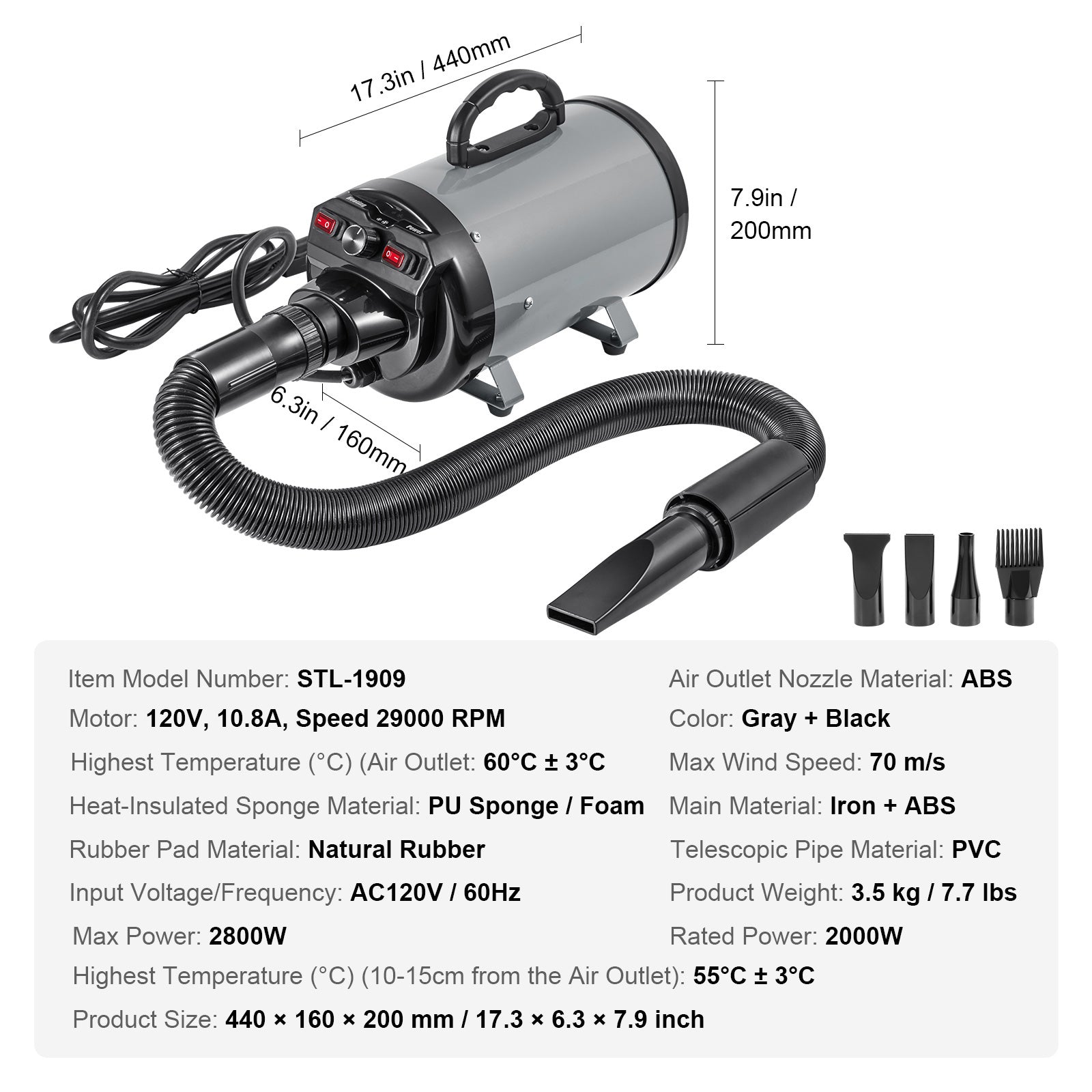 Dog Dryer, 2800W/4.3HP Dog Blow Dryer, Pet Grooming Dryer with Adjustable Speed and Temperature Control, Pet Hair Dryer with 4 Nozzles and Extendable Hose, Grey and Black