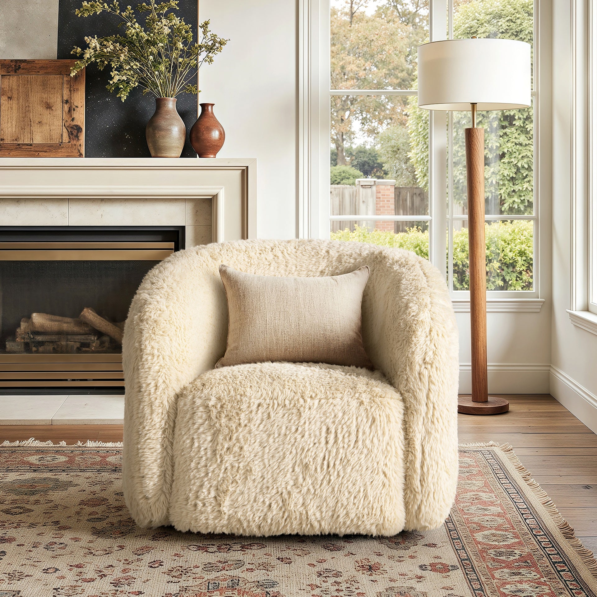 Colt 33" Fur Swivel Upholstered Barrel Accent Arm Chair, Cream Beige Faux Fur