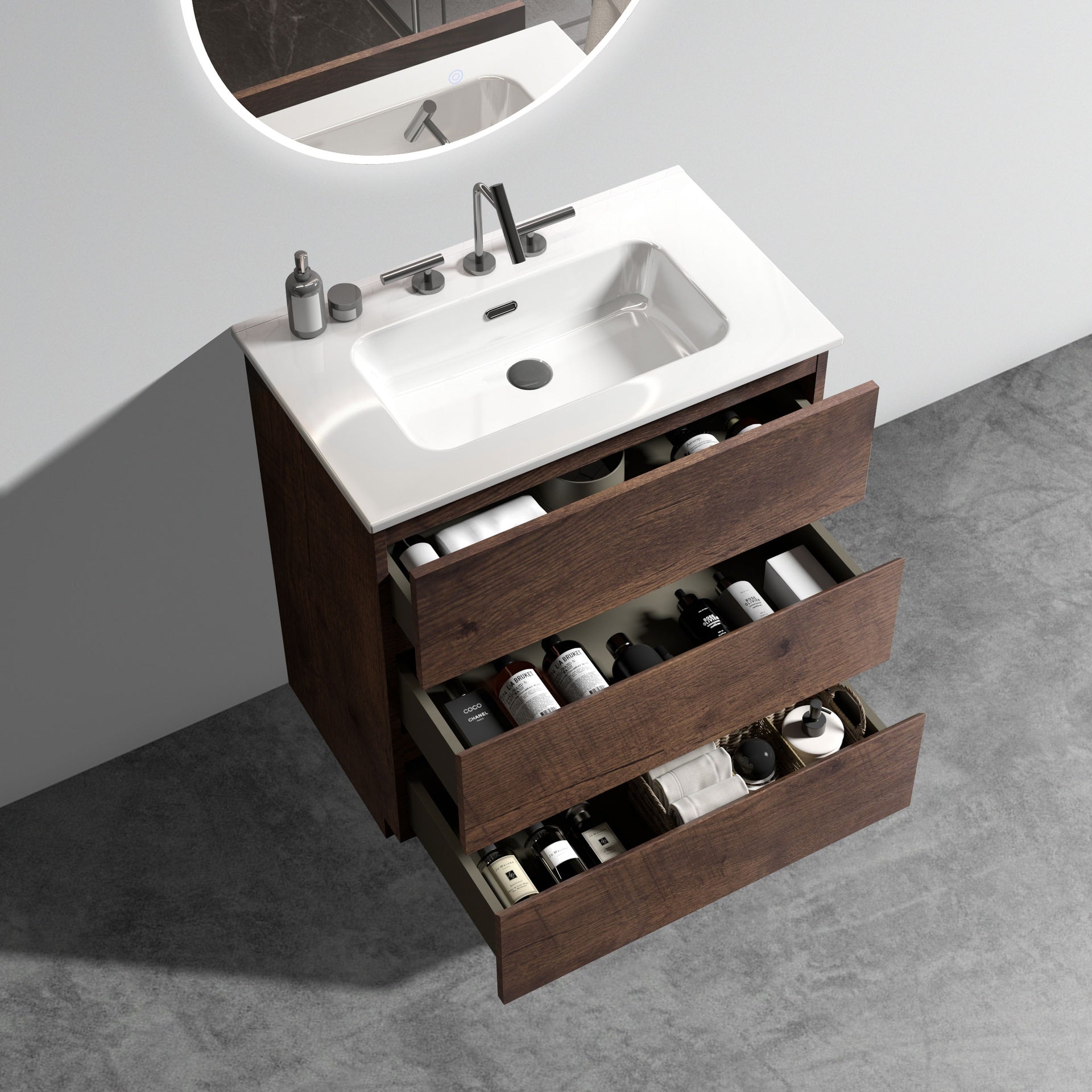 TIA 30" Walnut Bathroom Vanity with Sink with 3 Faucet Holes, Large Storage Freestanding Bathroom Vanity for Modern Bathroom, One-Piece White Sink Basin without Drain and Faucet, Pre-assemble