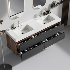 Grace 60" Walnut Bathroom Vanity with Glossy White Solid Surface Sink and Soft Black Drawers, Wall Mounted Floating Bathroom Vanity, One-Piece Glossy White Basin, Pre-assembled