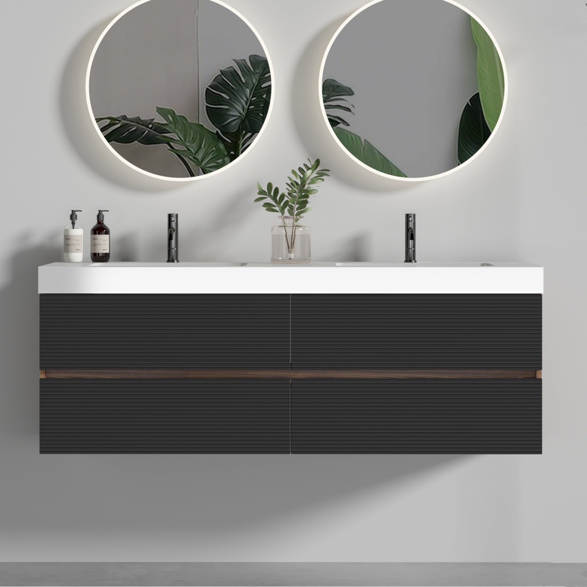Grace 60" Walnut Bathroom Vanity with Glossy White Solid Surface Sink and Soft Black Drawers, Wall Mounted Floating Bathroom Vanity, One-Piece Glossy White Basin, Pre-assembled