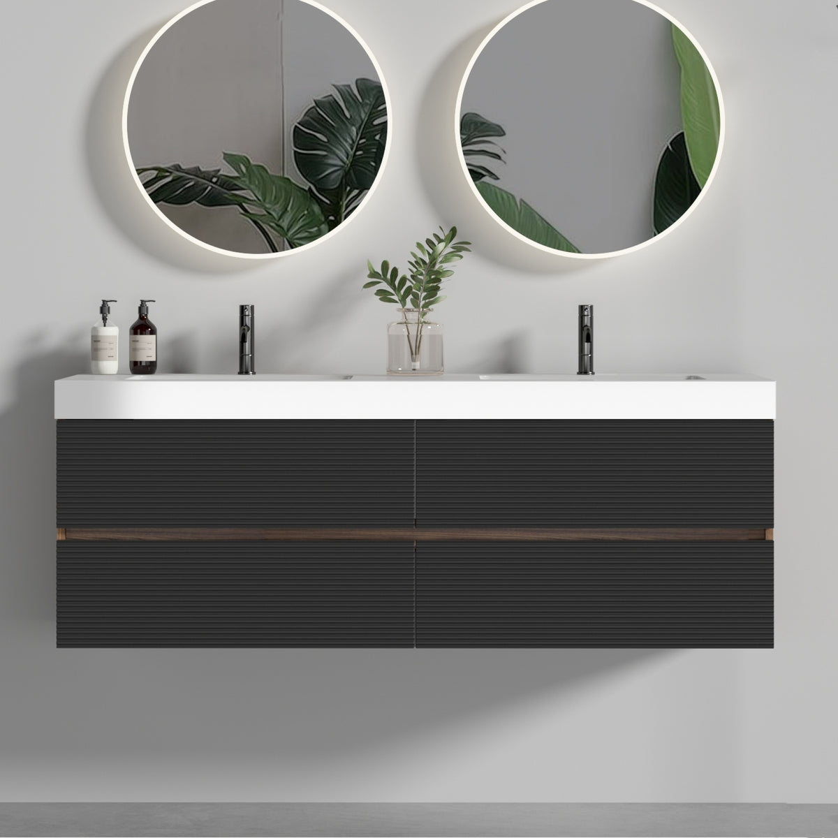Grace 60" Walnut Bathroom Vanity with Glossy White Solid Surface Sink and Soft Black Drawers, Wall Mounted Floating Bathroom Vanity, One-Piece Glossy White Basin, Pre-assembled