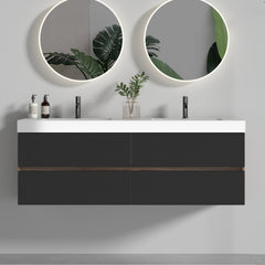 Grace 60" Walnut Bathroom Vanity with Glossy White Solid Surface Sink and Soft Black Drawers, Wall Mounted Floating Bathroom Vanity, One-Piece Glossy White Basin, Pre-assembled