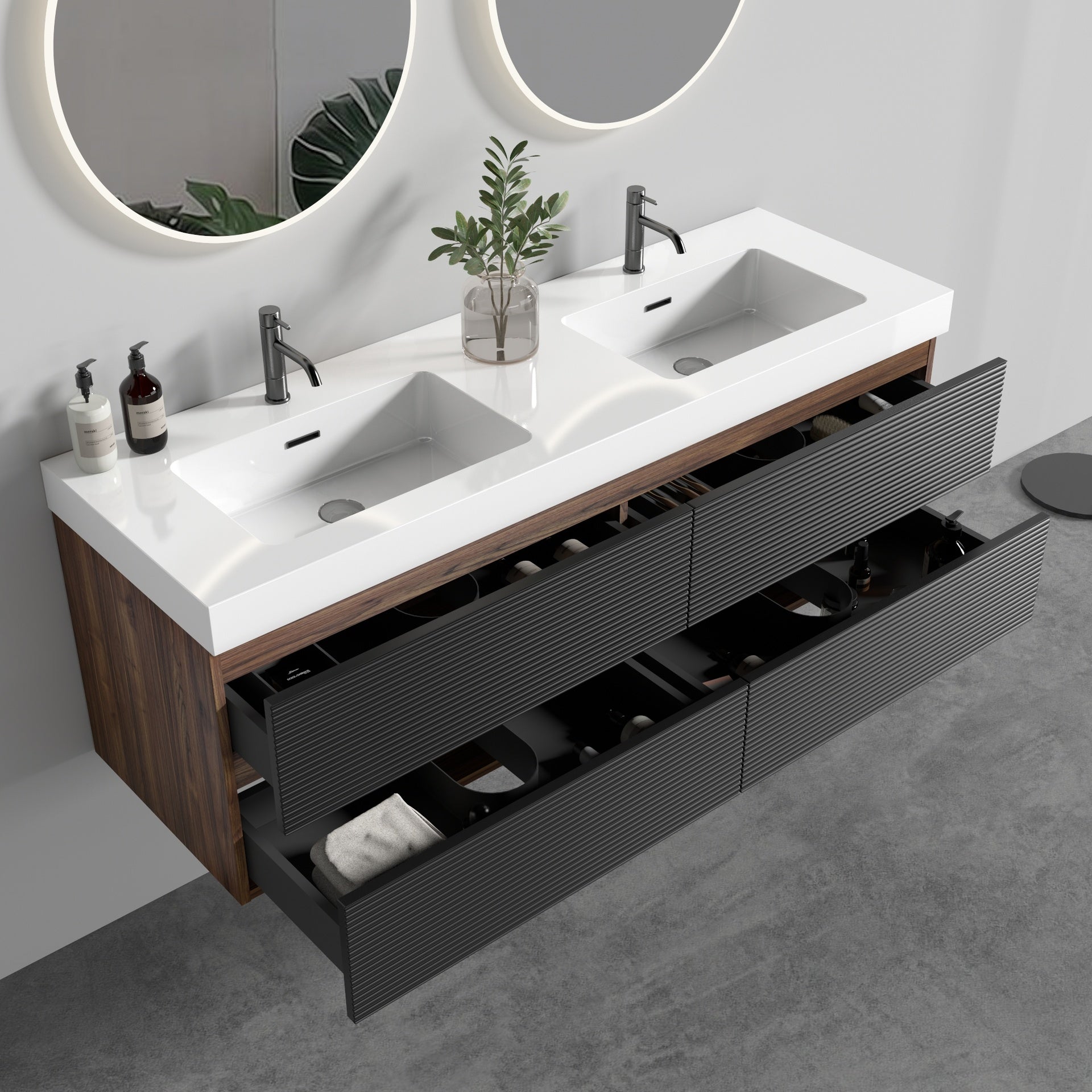 Grace 60" Walnut Bathroom Vanity with Glossy White Solid Surface Sink and Soft Black Drawers, Wall Mounted Floating Bathroom Vanity, One-Piece Glossy White Basin, Pre-assembled