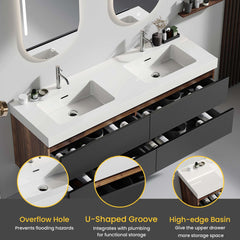 Grace 60" Walnut Bathroom Vanity with Glossy White Solid Surface Sink and Soft Black Drawers, Wall Mounted Floating Bathroom Vanity, One-Piece Glossy White Basin, Pre-assembled