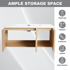 48" Wall-Mounted Bathroom Vanity with Resin Sink, 3-Soft Closing Door, Original Oak, Plywood  (KD-PACKING)