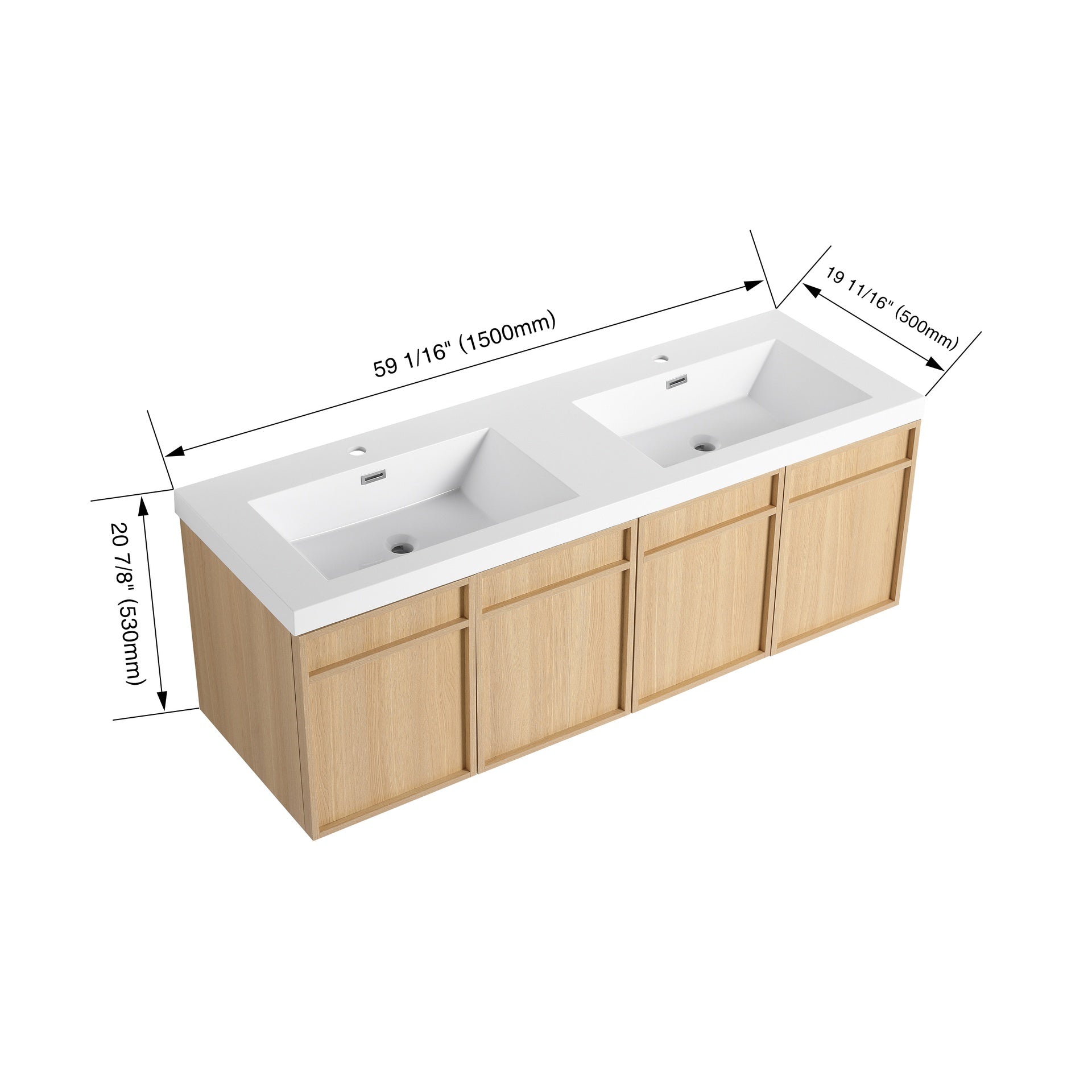 60" Wall-Mounted Bathroom Vanity with Double Resin Sink, 4-Soft Closing Door, Original Oak, Plywood (KD-PACKING)