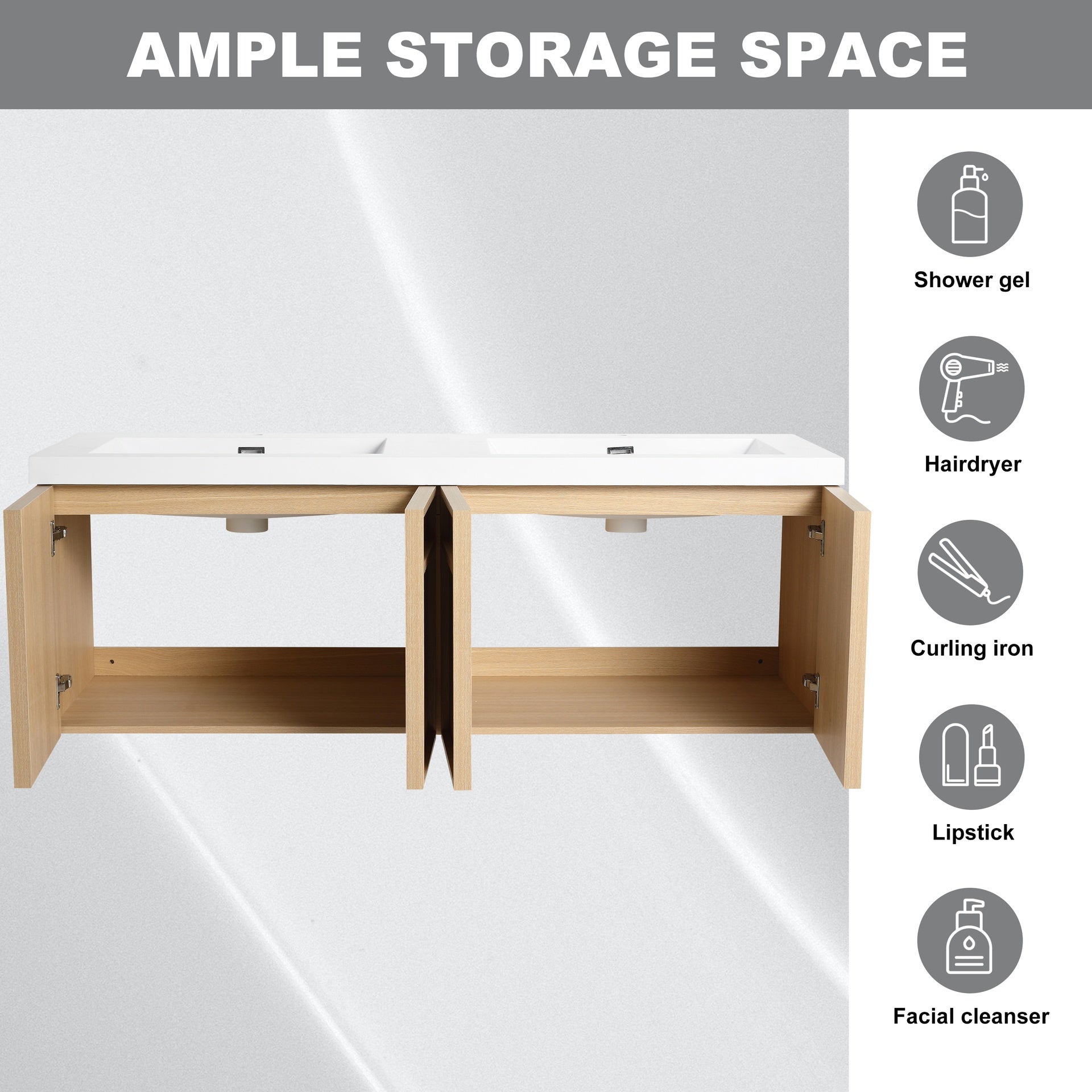 60" Wall-Mounted Bathroom Vanity with Double Resin Sink, 4-Soft Closing Door, Original Oak, Plywood (KD-PACKING)
