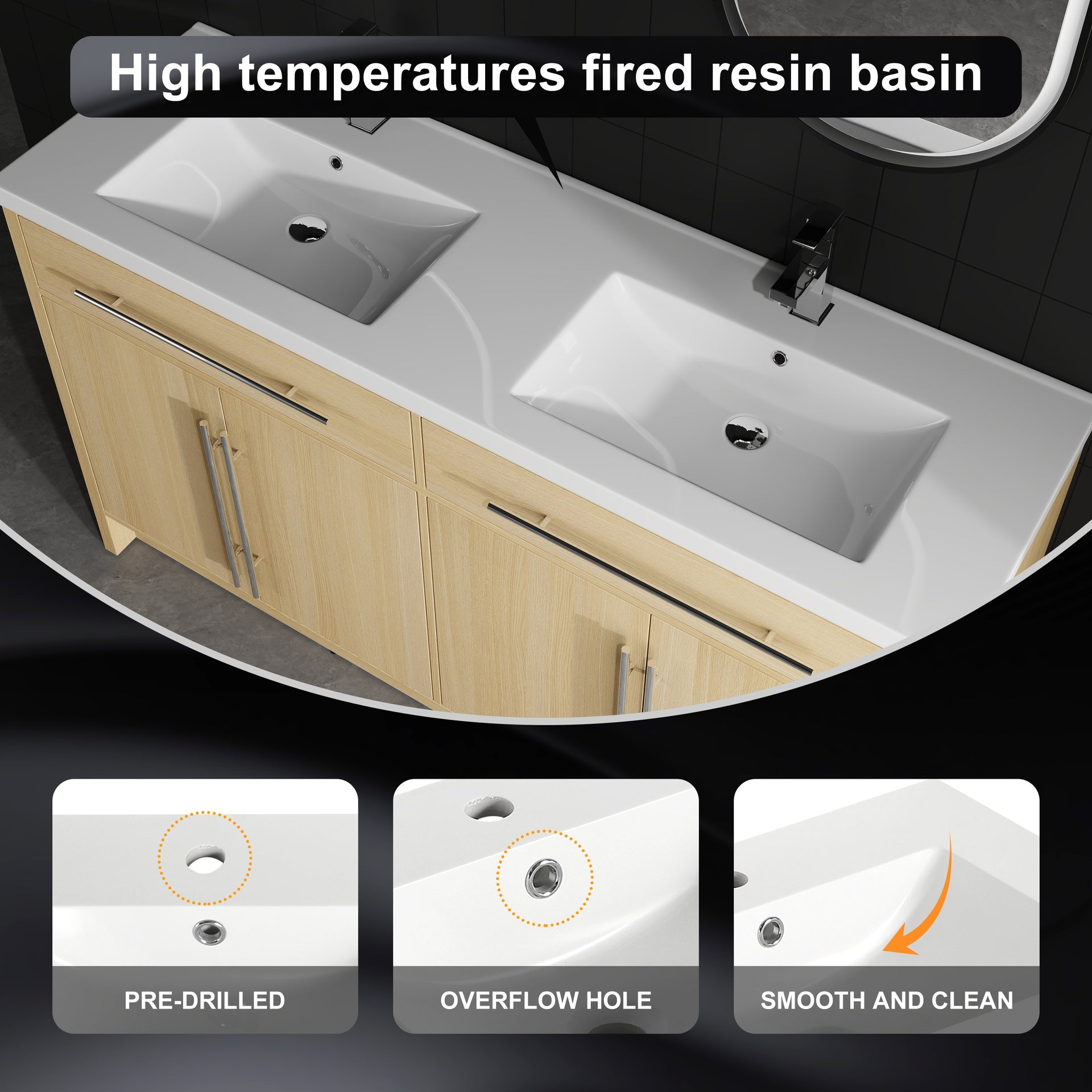 60" Freestanding Bathroom Vanity with Resin Sink, 4-Soft Closing Door, Original Oak, Plywood (KD-PACKING)
