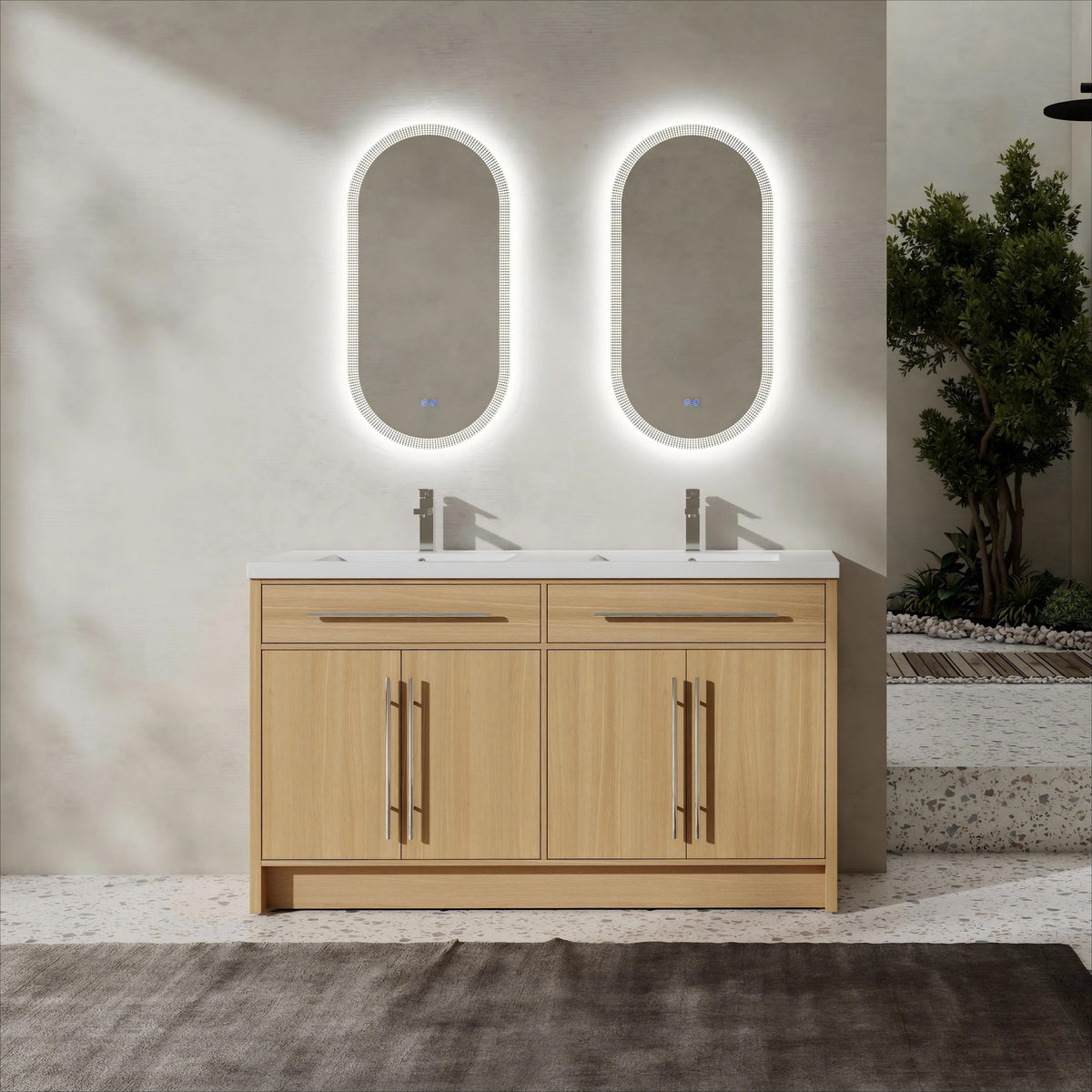 60" Freestanding Bathroom Vanity with Resin Sink, 4-Soft Closing Door, Original Oak, Plywood (KD-PACKING)