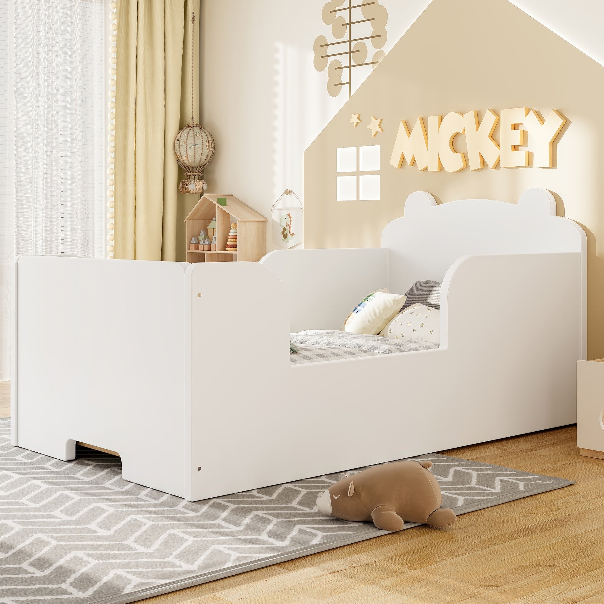 Toddler Floor Bed Frame, Cot Bed for Boys and Girls Ages 3-6, Bear Shape Toddler Bed, White