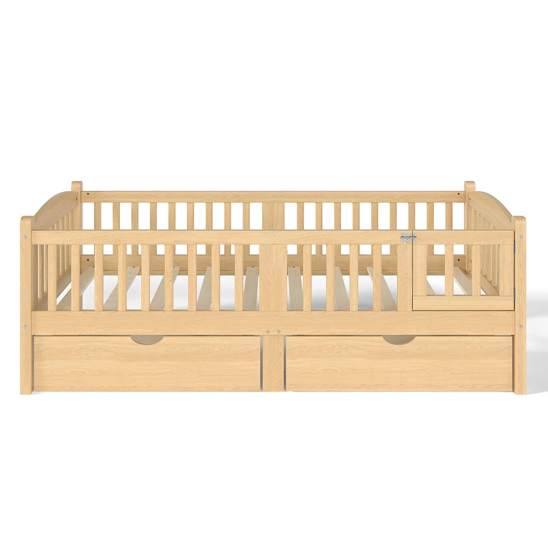 Twin Platform Bed with Full-length Guardrails, Kids Platform Bed with Storage Drawers, Childlike and Cute Headboard Design, Natural
