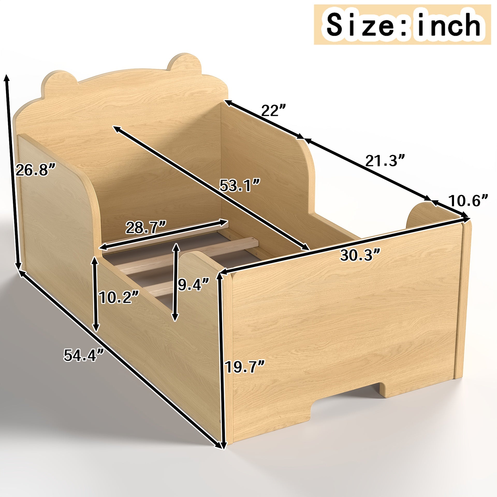 Toddler Floor Bed Frame, Cot Bed for Boys and Girls Ages 3-6, Bear Shape Toddler Bed,Natural
