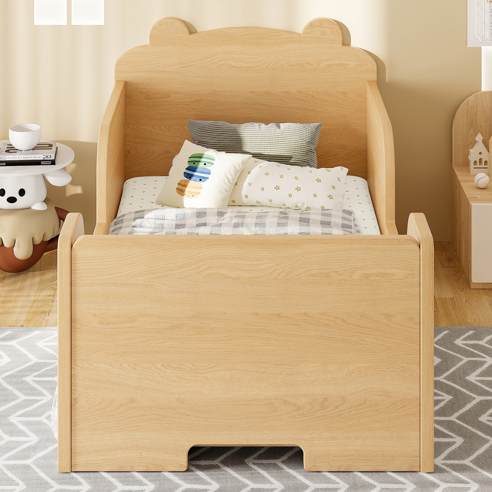 Toddler Floor Bed Frame, Cot Bed for Boys and Girls Ages 3-6, Bear Shape Toddler Bed,Natural