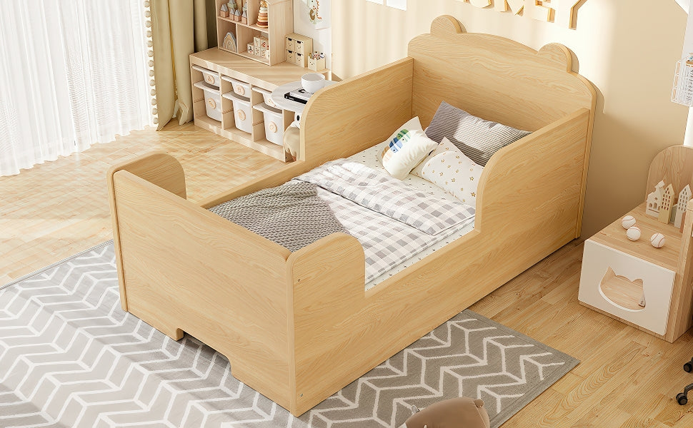 Toddler Floor Bed Frame, Cot Bed for Boys and Girls Ages 3-6, Bear Shape Toddler Bed,Natural