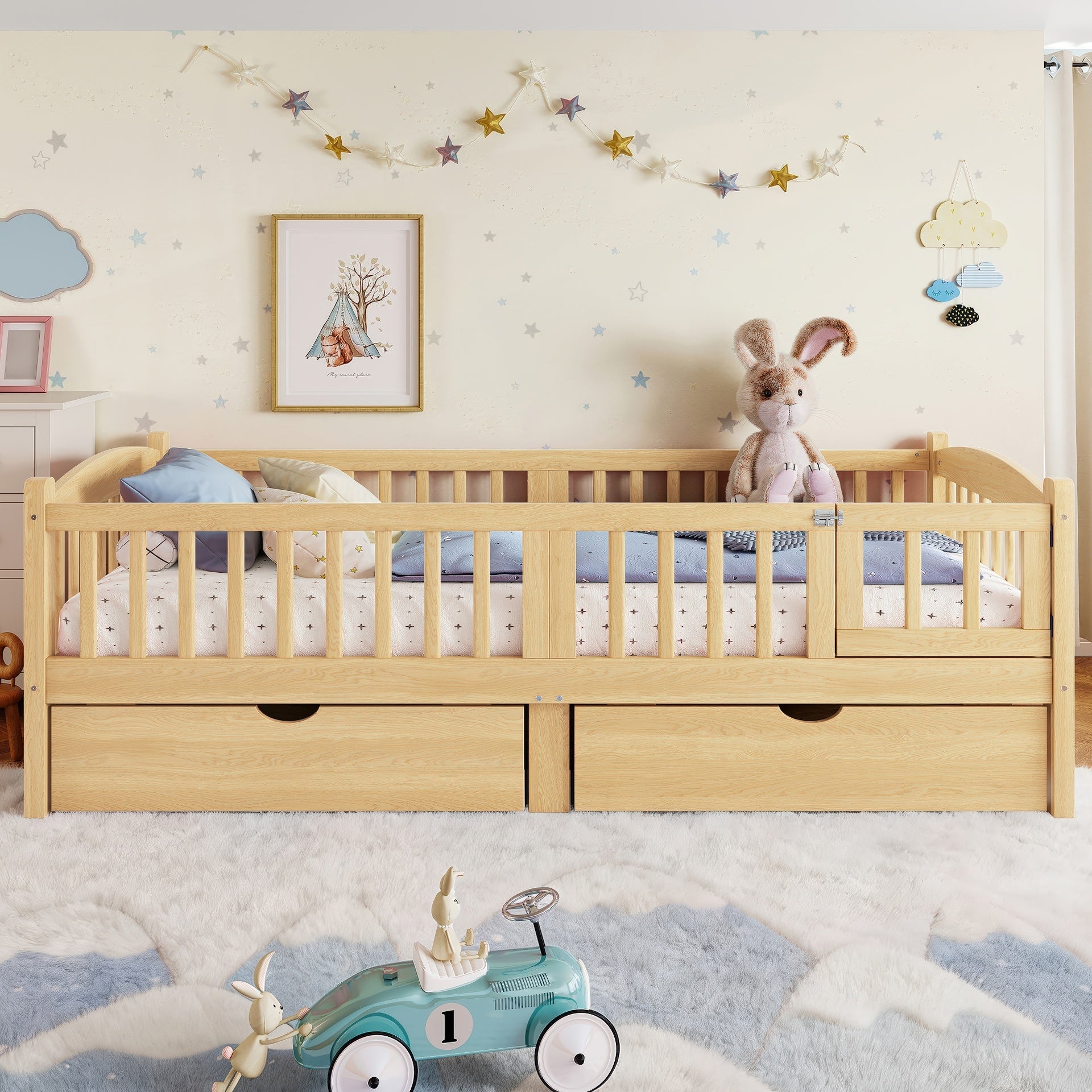 Twin XL Platform Bed with Full-length Guardrails, Kids Platform Bed with Storage Drawers, Childlike and Cute Headboard Design, Natural
