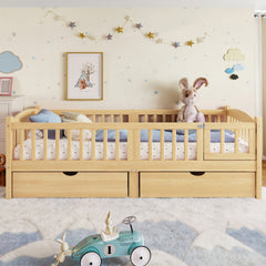 Twin XL Platform Bed with Full-length Guardrails, Kids Platform Bed with Storage Drawers, Childlike and Cute Headboard Design, Natural