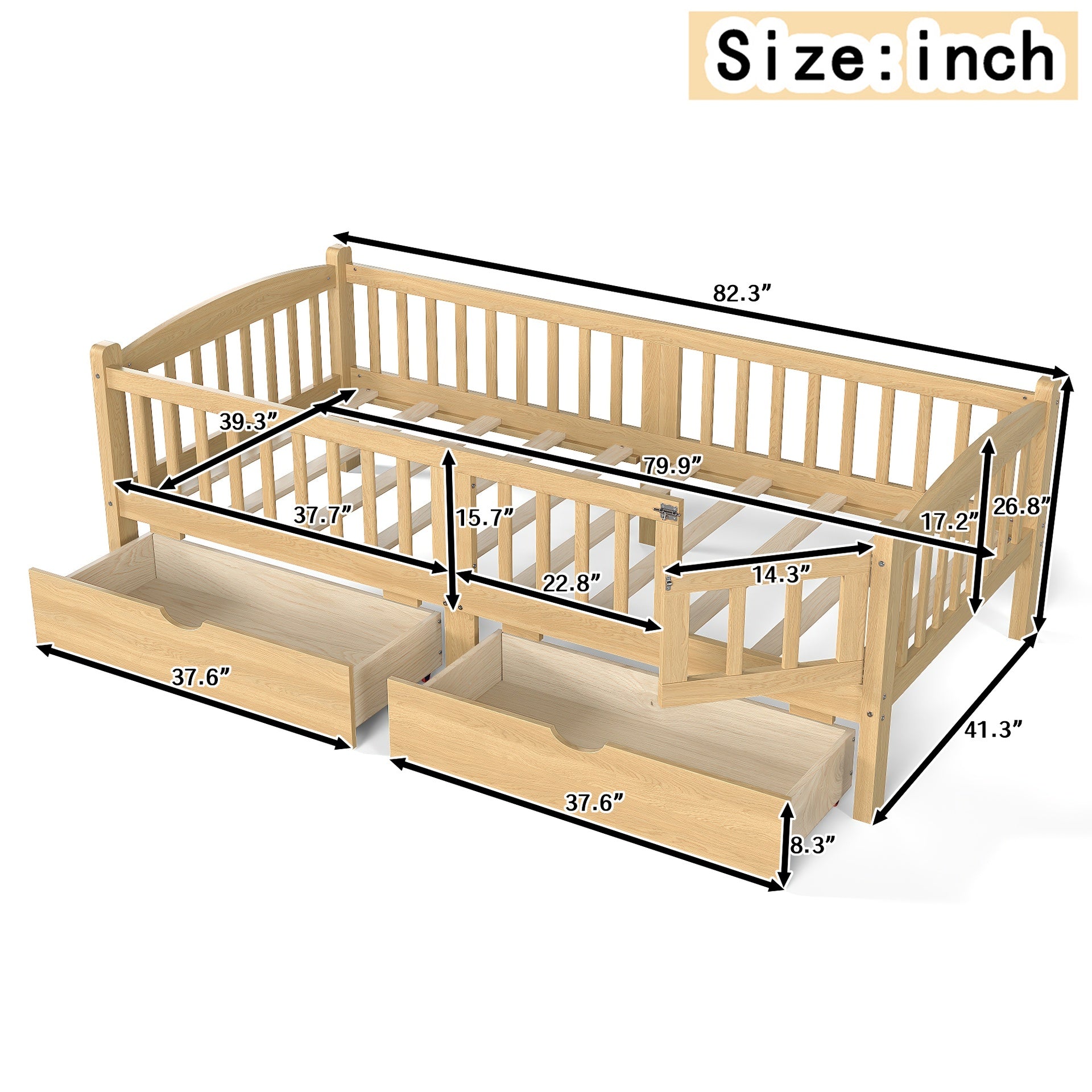 Twin XL Platform Bed with Full-length Guardrails, Kids Platform Bed with Storage Drawers, Childlike and Cute Headboard Design, Natural