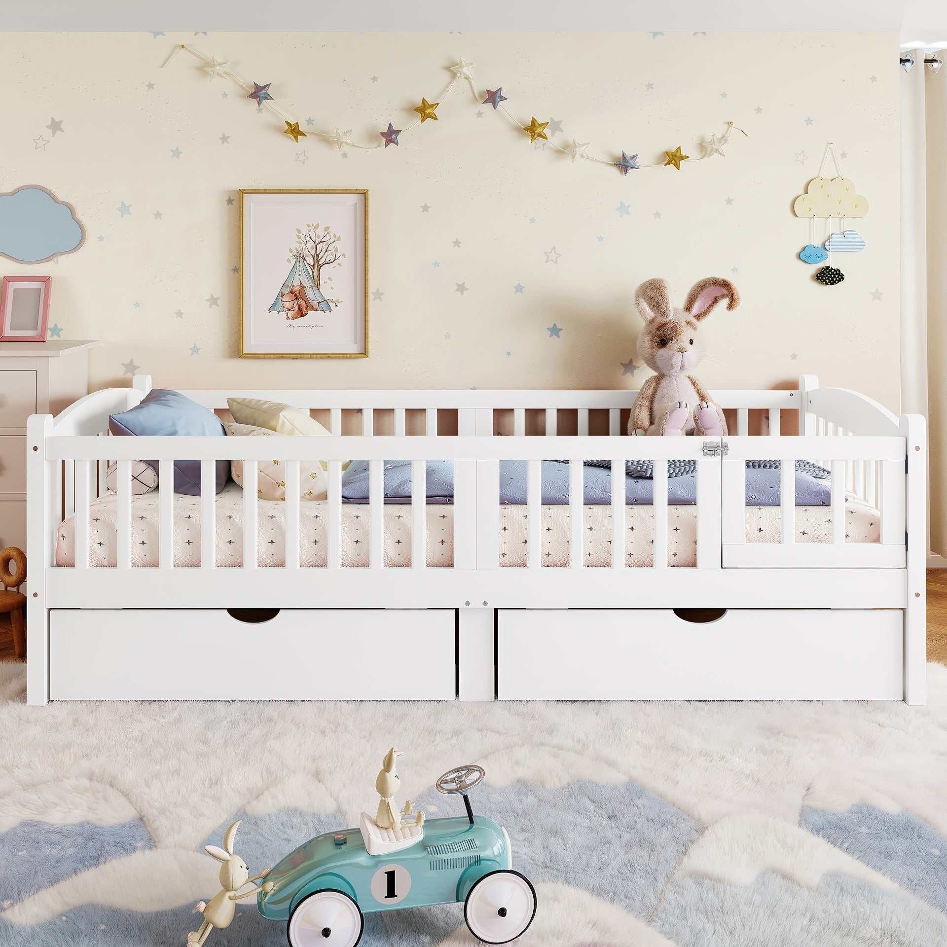 Twin XL Platform Bed with Full-length Guardrails, Kids Platform Bed with Storage Drawers, Childlike and Cute Headboard Design, White