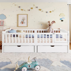 Twin XL Platform Bed with Full-length Guardrails, Kids Platform Bed with Storage Drawers, Childlike and Cute Headboard Design, White