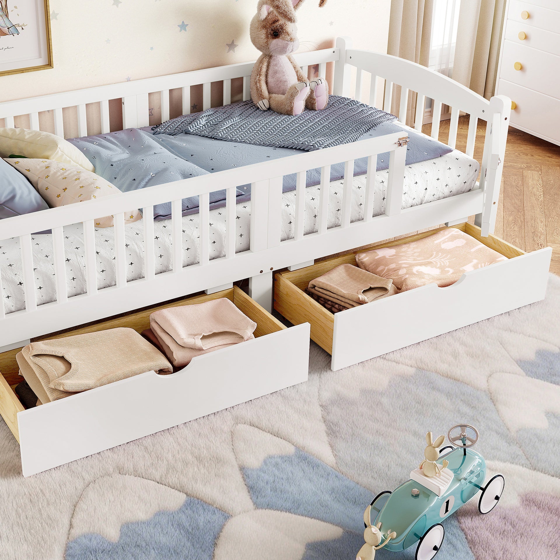 Twin XL Platform Bed with Full-length Guardrails, Kids Platform Bed with Storage Drawers, Childlike and Cute Headboard Design, White
