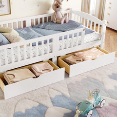 Twin XL Platform Bed with Full-length Guardrails, Kids Platform Bed with Storage Drawers, Childlike and Cute Headboard Design, White