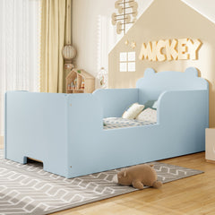 Toddler Floor Bed Frame, Cot Bed for Boys and Girls Ages 3-6, Bear Shape Toddler Bed, Blue