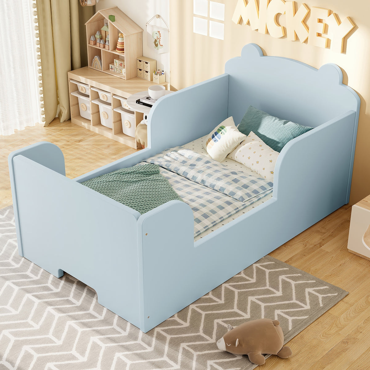 Toddler Floor Bed Frame, Cot Bed for Boys and Girls Ages 3-6, Bear Shape Toddler Bed, Blue