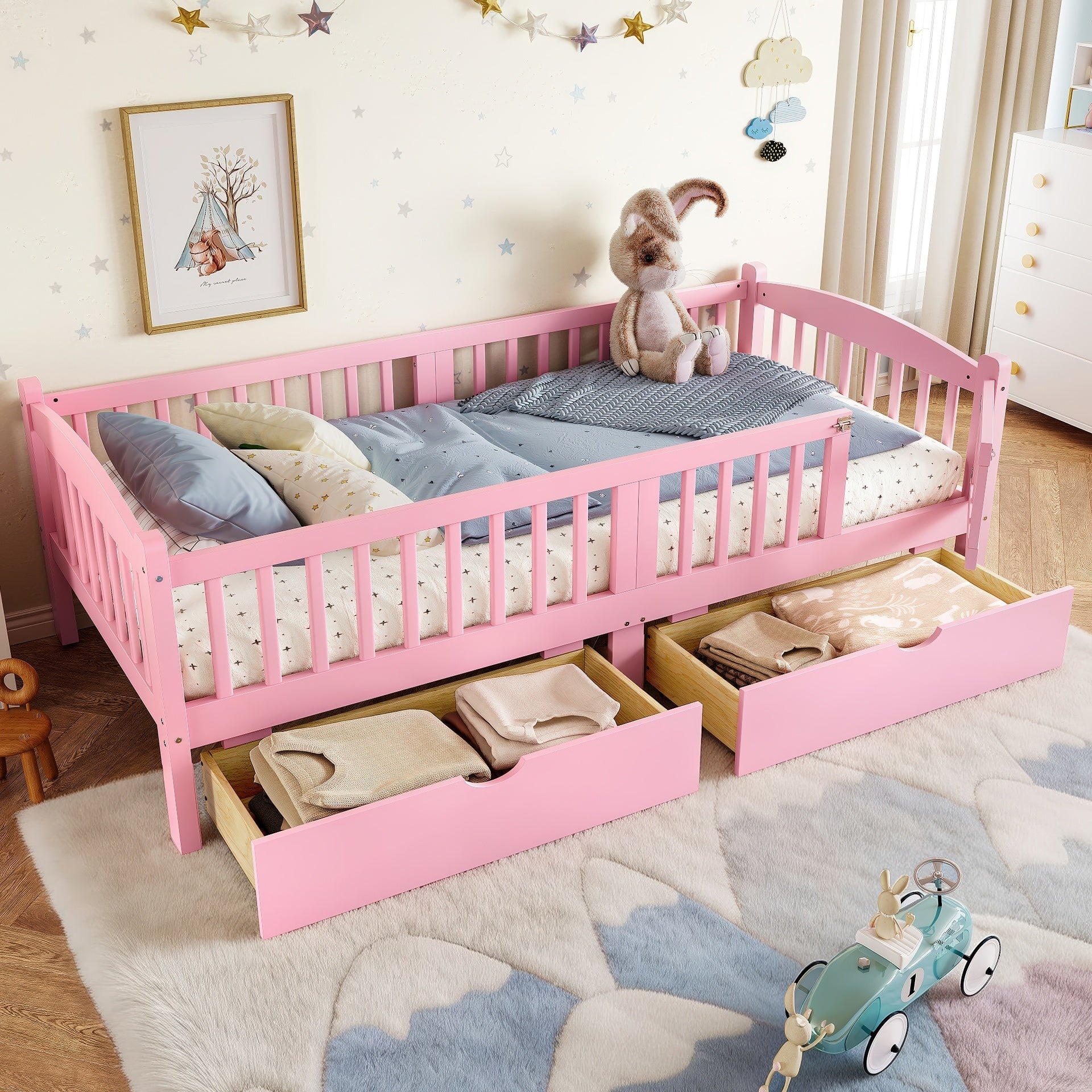 Twin XL Platform Bed with Full-length Guardrails, Kids Platform Bed with Storage Drawers, Childlike and Cute Headboard Design, Pink