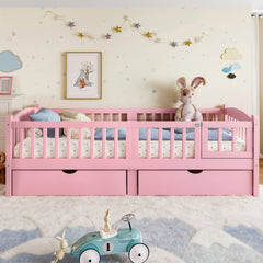 Twin XL Platform Bed with Full-length Guardrails, Kids Platform Bed with Storage Drawers, Childlike and Cute Headboard Design, Pink