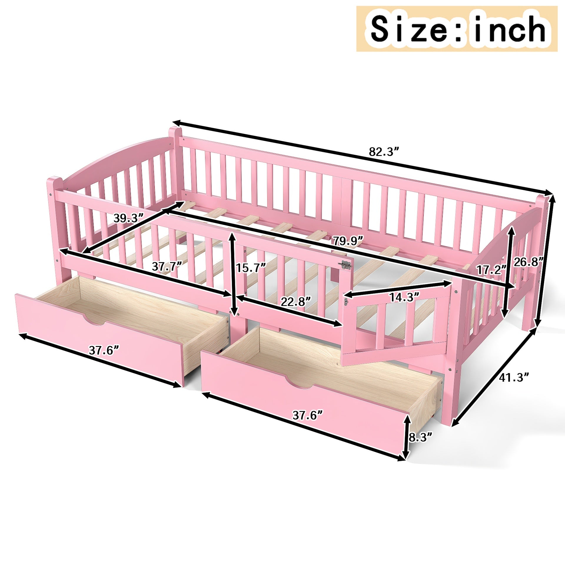 Twin XL Platform Bed with Full-length Guardrails, Kids Platform Bed with Storage Drawers, Childlike and Cute Headboard Design, Pink