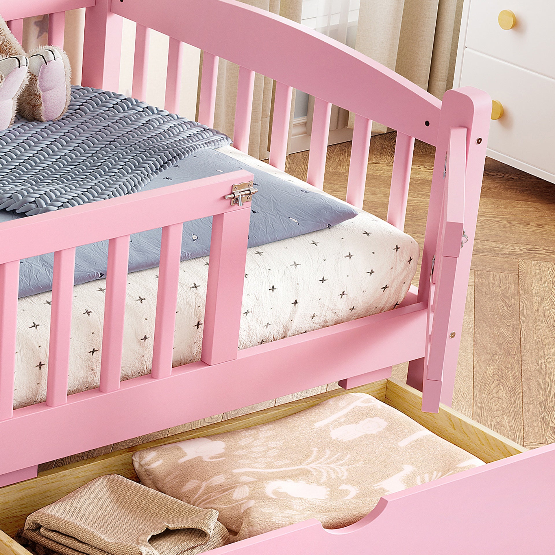 Twin XL Platform Bed with Full-length Guardrails, Kids Platform Bed with Storage Drawers, Childlike and Cute Headboard Design, Pink