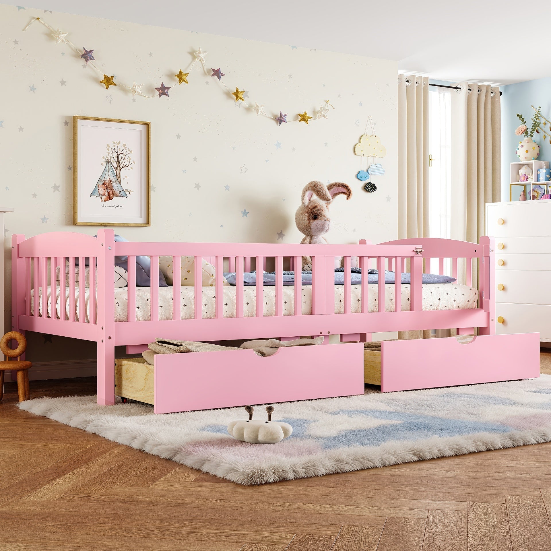 Twin XL Platform Bed with Full-length Guardrails, Kids Platform Bed with Storage Drawers, Childlike and Cute Headboard Design, Pink