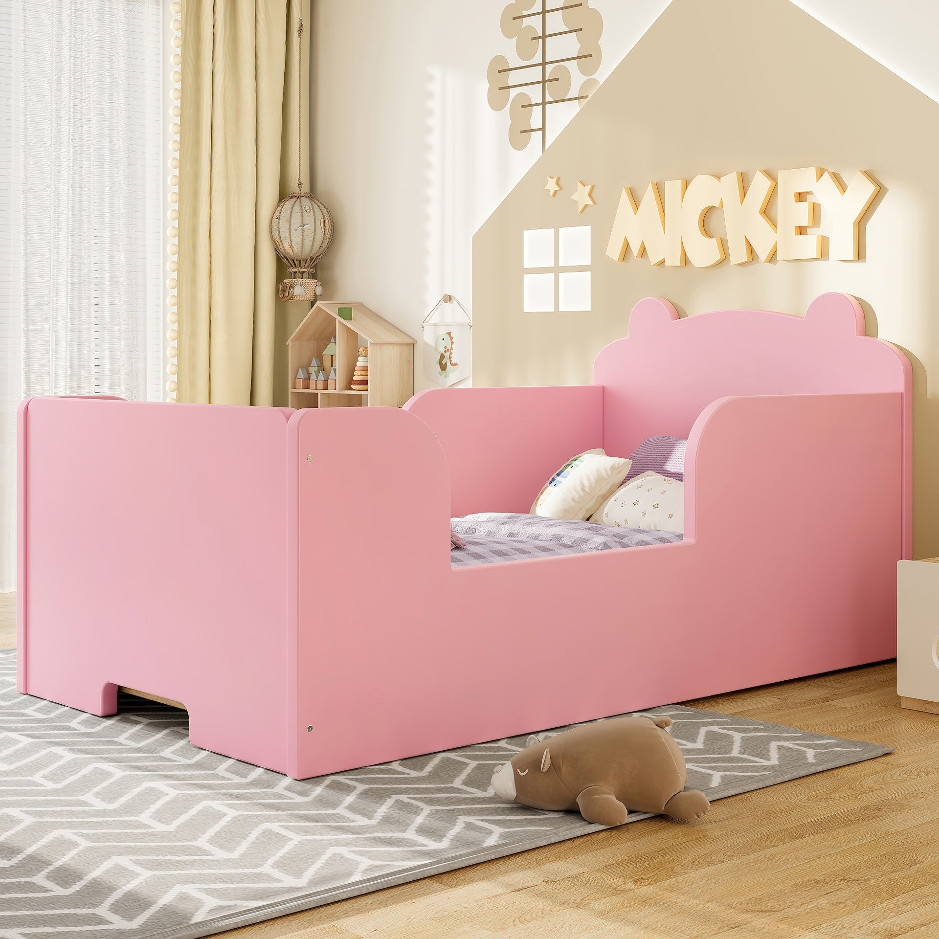 Toddler Floor Bed Frame, Cot Bed for Boys and Girls Ages 3-6, Bear Shape Toddler Bed, Pink