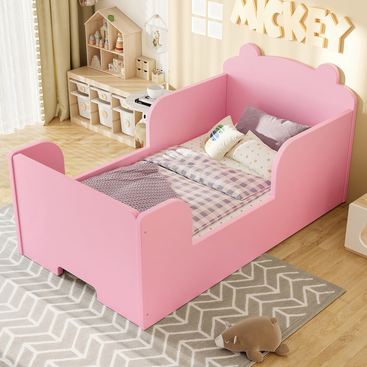 Toddler Floor Bed Frame, Cot Bed for Boys and Girls Ages 3-6, Bear Shape Toddler Bed, Pink