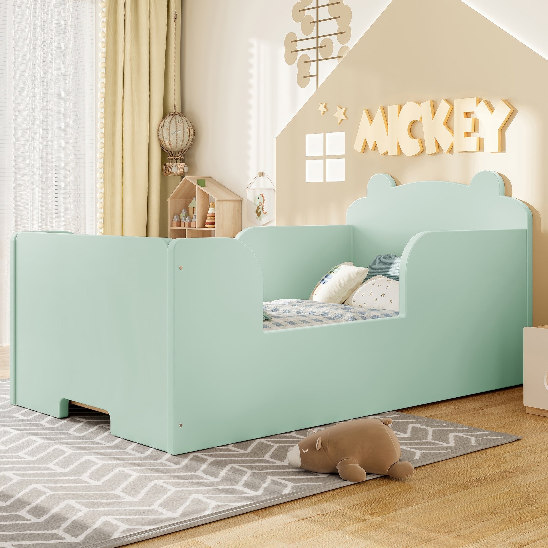 Toddler Floor Bed Frame, Cot Bed for Boys and Girls Ages 3-6, Bear Shape Toddler Bed, Green