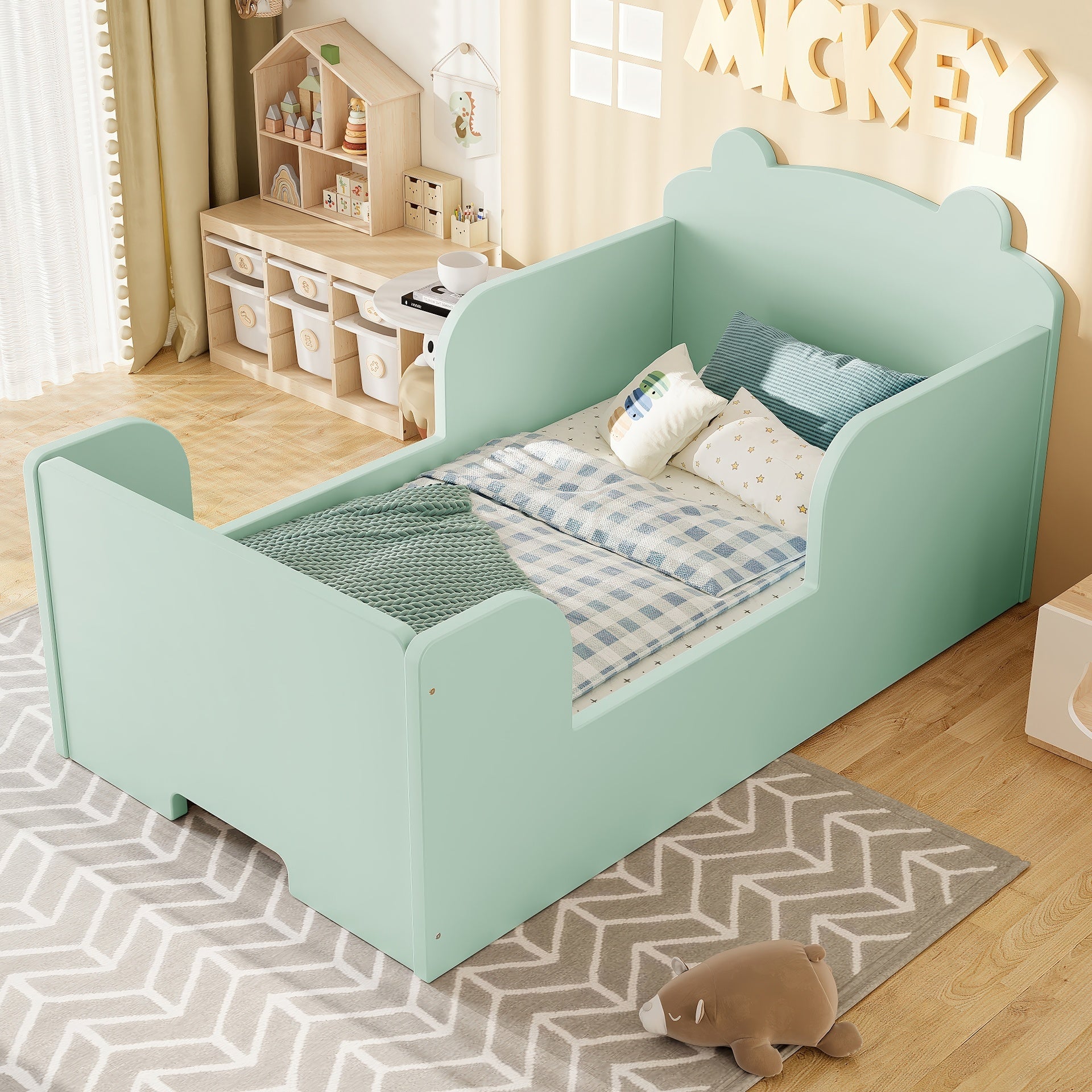 Toddler Floor Bed Frame, Cot Bed for Boys and Girls Ages 3-6, Bear Shape Toddler Bed, Green