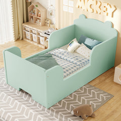 Toddler Floor Bed Frame, Cot Bed for Boys and Girls Ages 3-6, Bear Shape Toddler Bed, Green