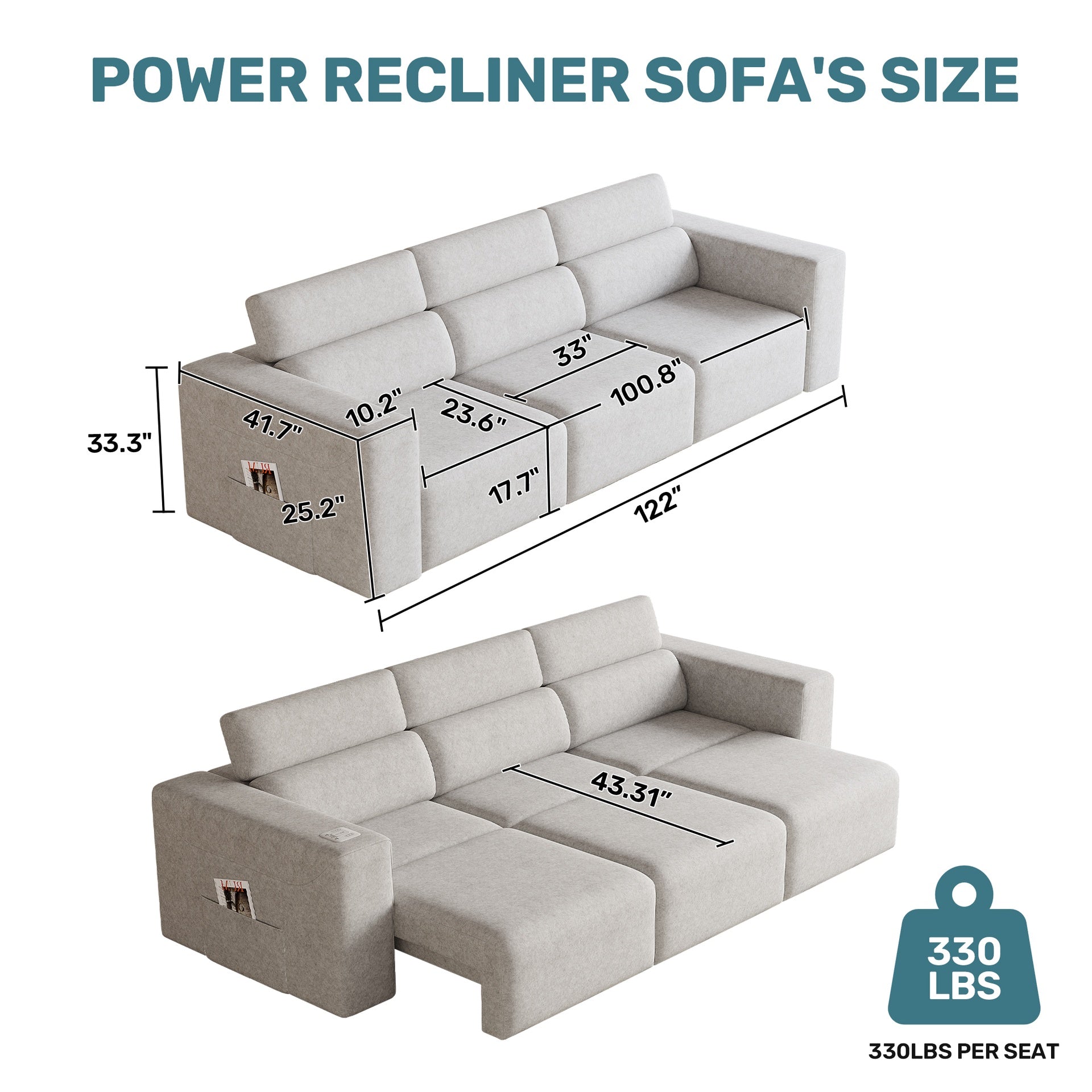 Power Reclining Sofa, Electric 3-Seat Recliner Sofa Modular Couch with Bluetooth stereo, Wireless Charging, Side Pocket, Power Recliner Couch for Living Room, Home Theater, Apartment