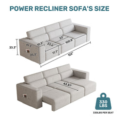Power Reclining Sofa, Electric 3-Seat Recliner Sofa Modular Couch with Bluetooth stereo, Wireless Charging, Side Pocket, Power Recliner Couch for Living Room, Home Theater, Apartment